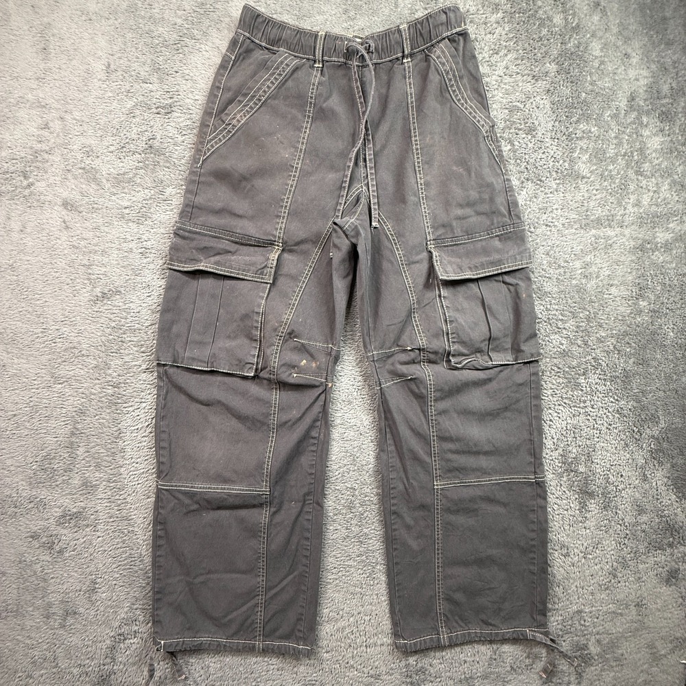 ZARA Womens Wide Leg Baggy Cargo Pants Gray Canvas Sz 4 Drawstring Waist